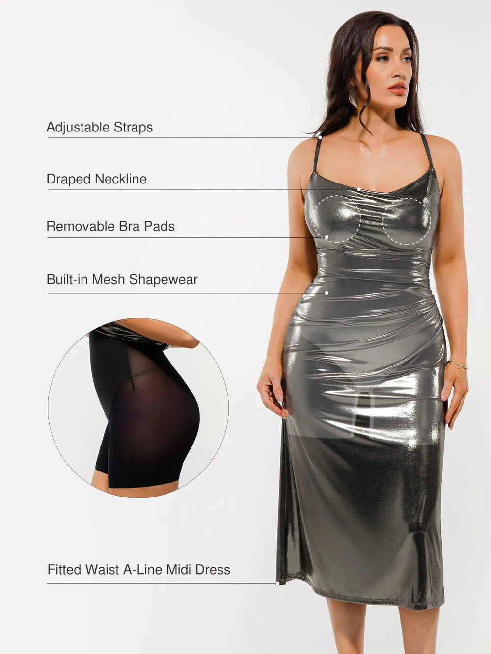 Metallic Cowl Midi Dress