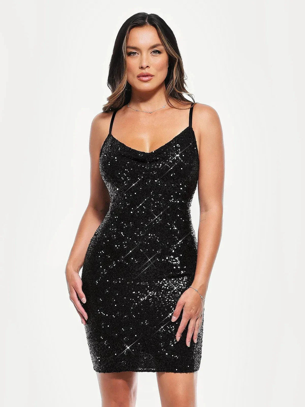 Cowl Neck Sequin Mini Dress