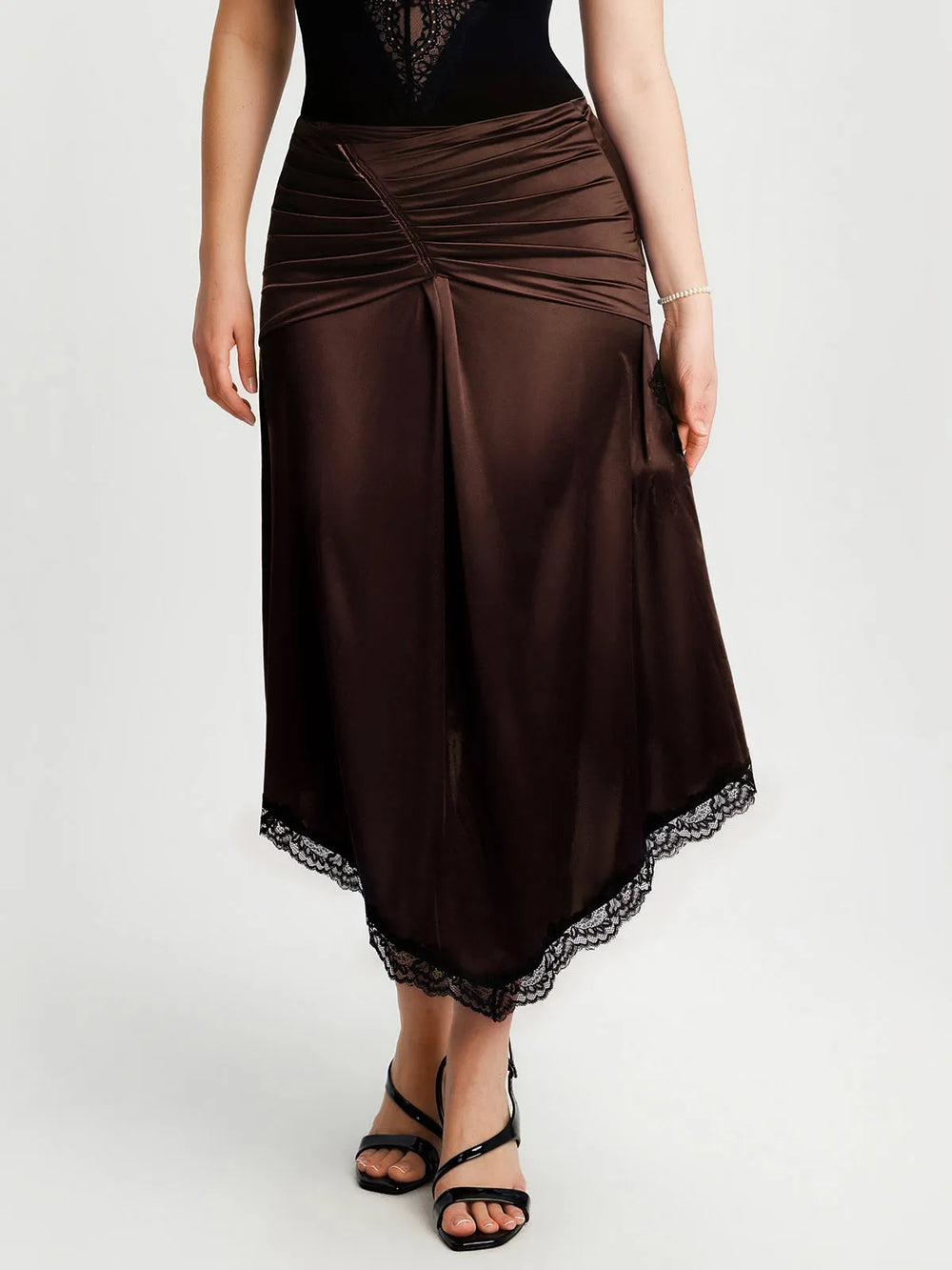Ruched Lace Midi Skirt