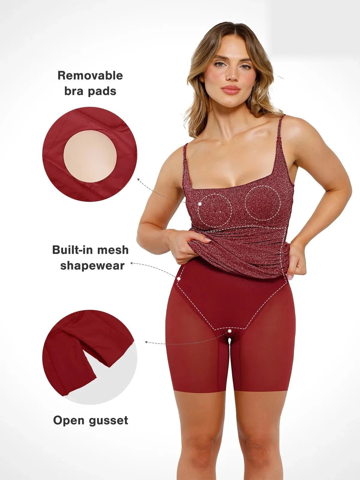 Metallic Knit Bodycon Dress features — removable bra pads, built-in mesh shapewear, open gusset