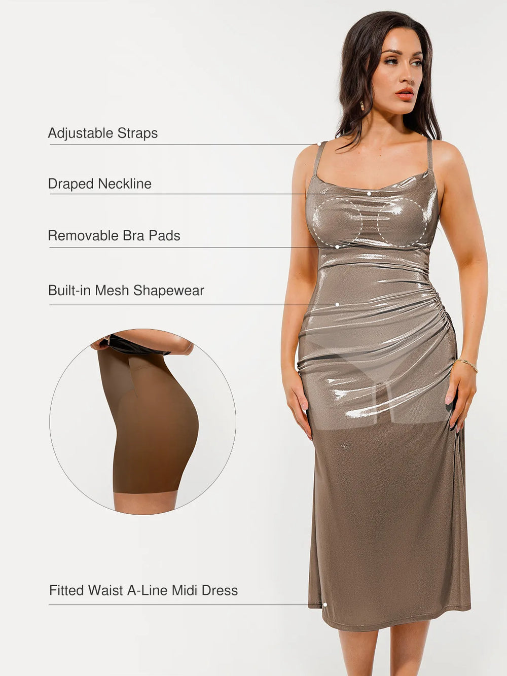 Metallic Cowl Midi Dress