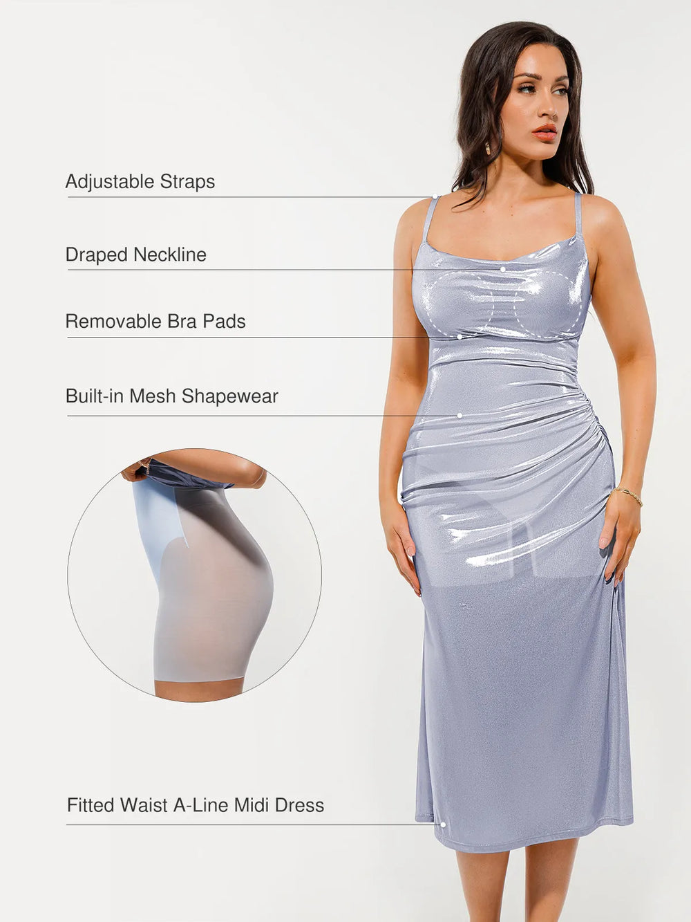 Metallic Cowl Midi Dress