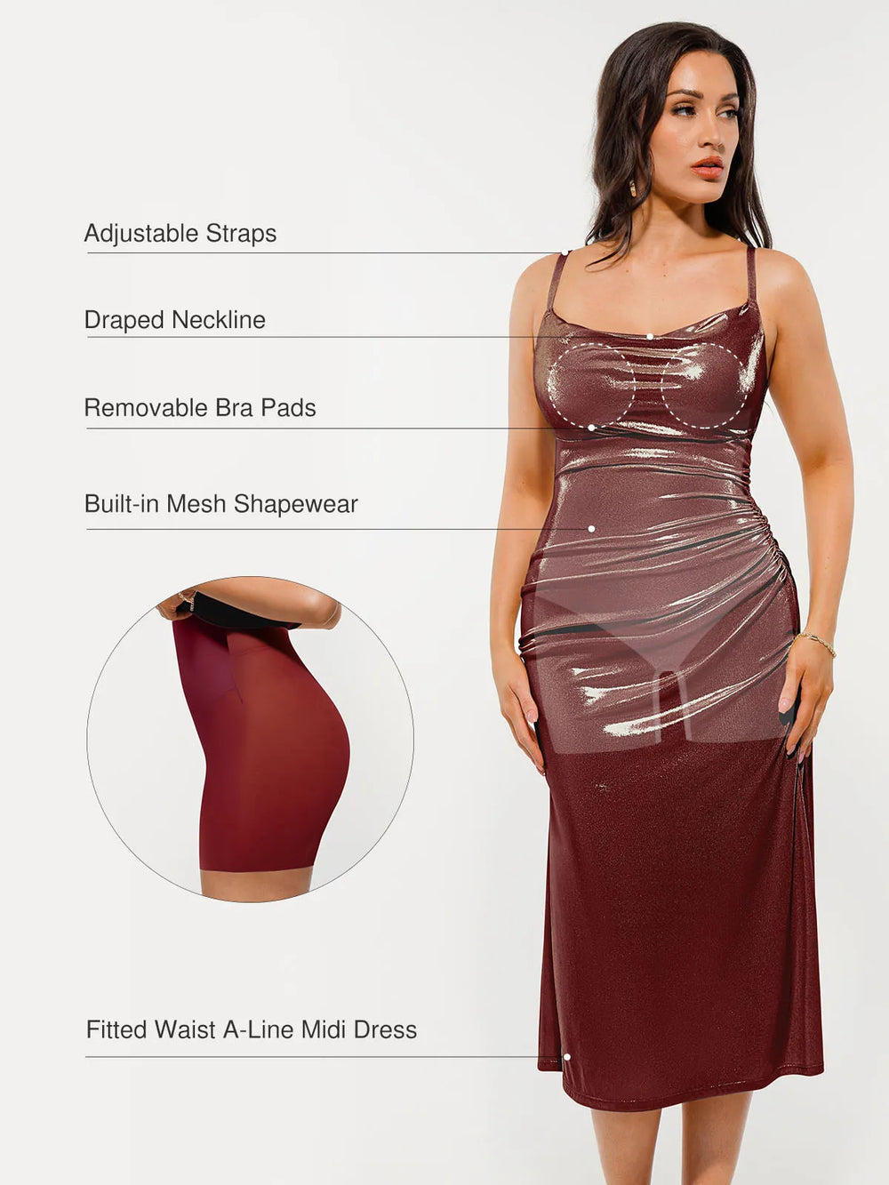 Metallic Cowl Midi Dress