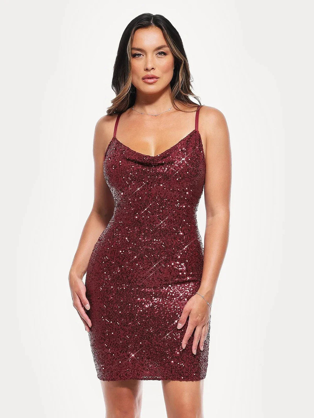 Cowl Neck Sequin Mini Dress