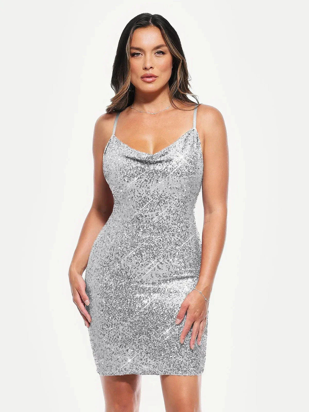 Cowl Neck Sequin Mini Dress