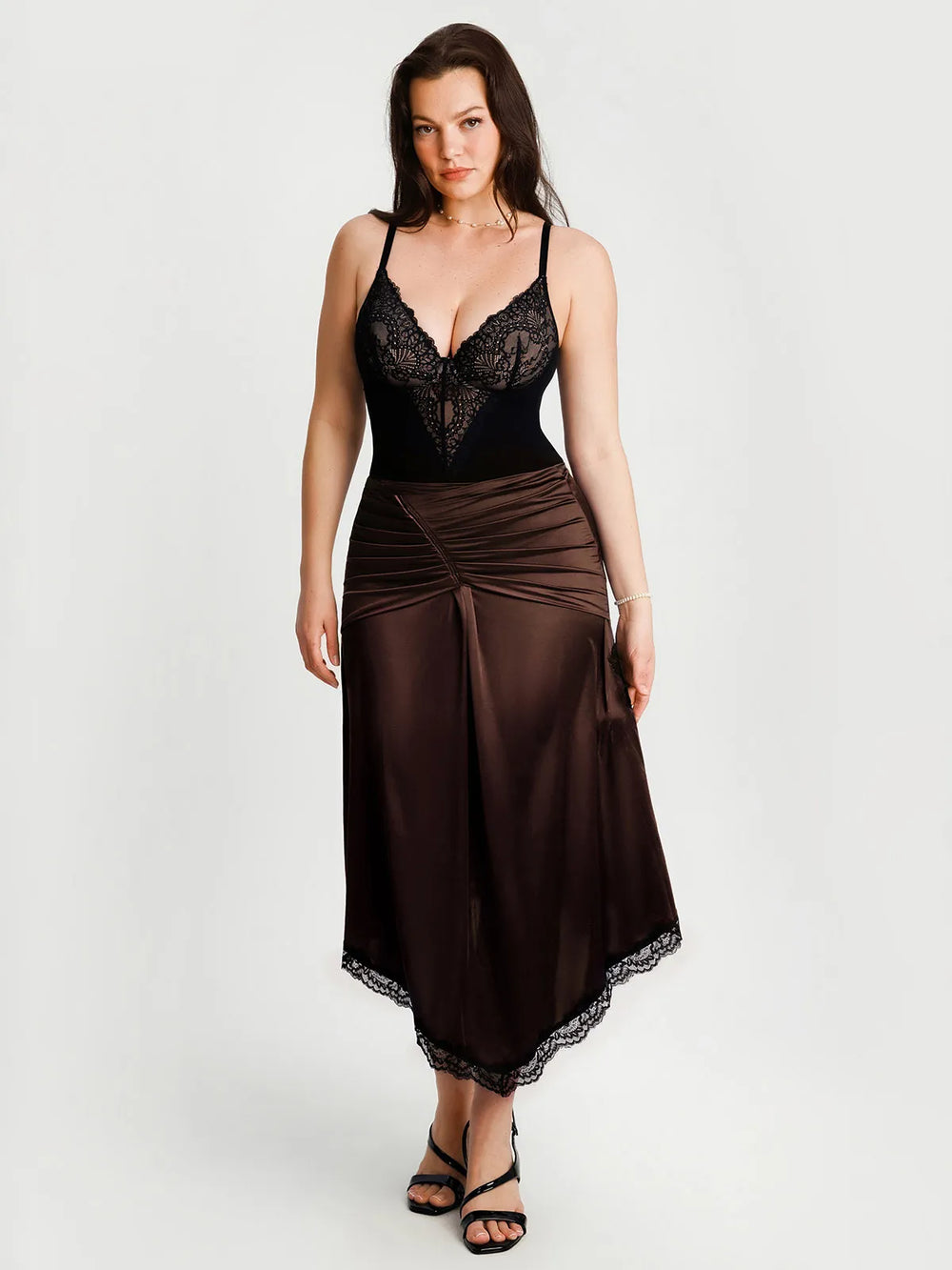 Ruched Lace Midi Skirt