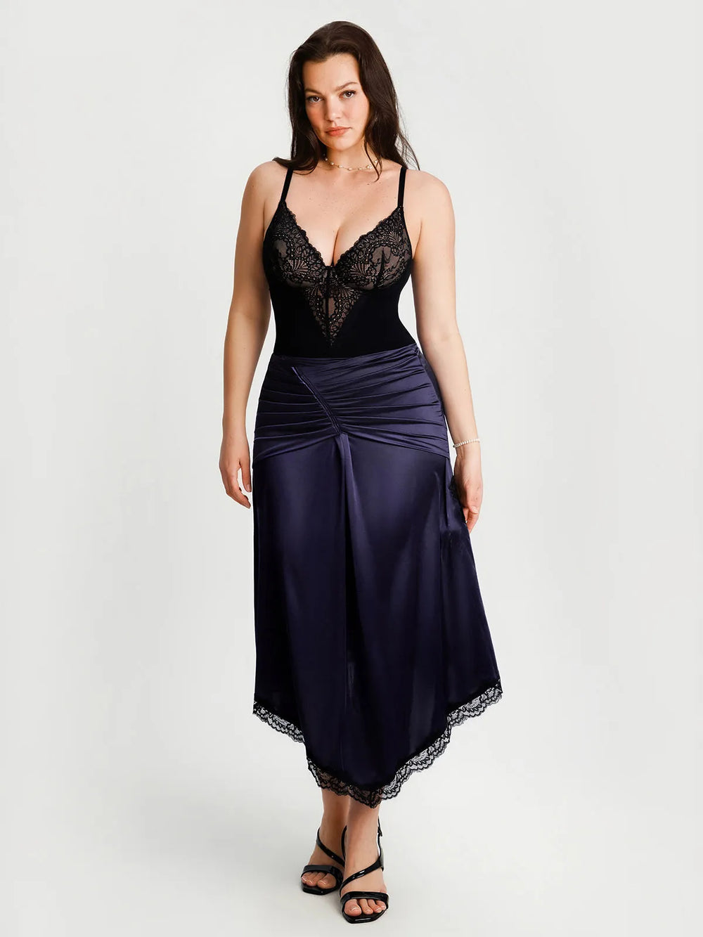 Ruched Lace Midi Skirt