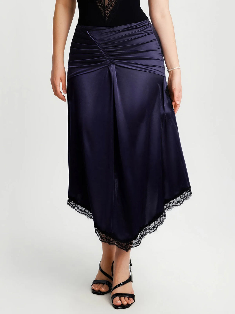 Ruched Lace Midi Skirt