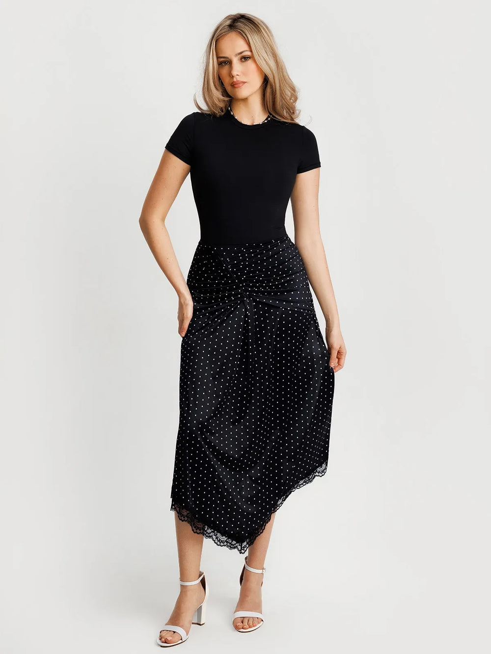 Ruched Lace Midi Skirt