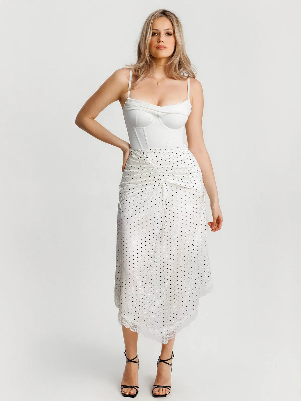 Ruched Lace Midi Skirt